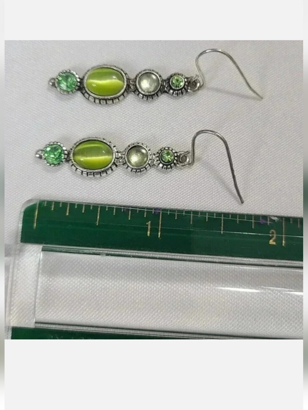 Vintage Lime Green Cat Eye Stone Sliver Dangle Earrings - Picture 8 of 12